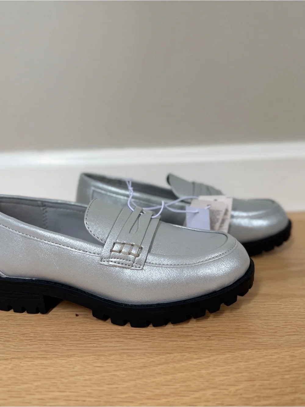 GAP Kids Metallic Silver Chunky Lug Sole Penny Loafers - Size 12 (NWT)